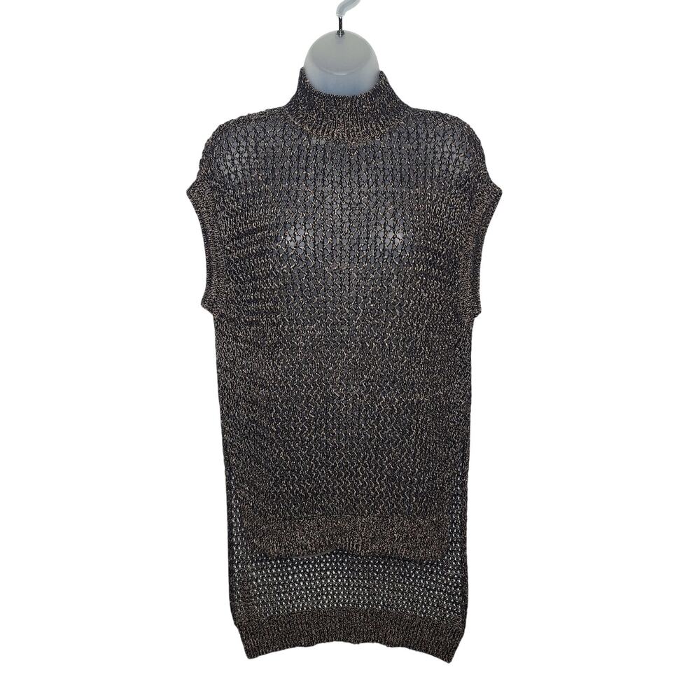 Free People Crochet Mockneck Sweater Open Knit Small Sleeveless Tunic Dark Boho
